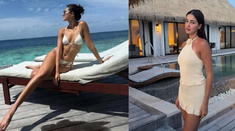 ananya pandey maldives vacation white bikini look photos